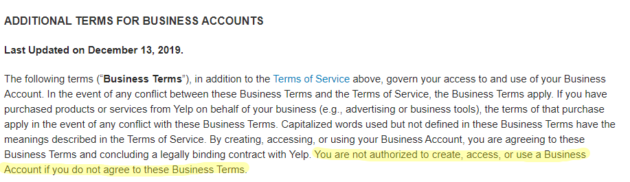 Yelp terms of service